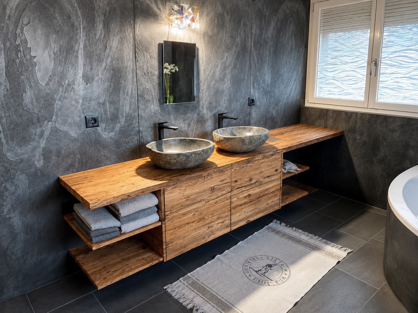 Contemporary bathroom sink area with Skinrock West natural stone wall cladding, adding texture and elegance to the vanity space.