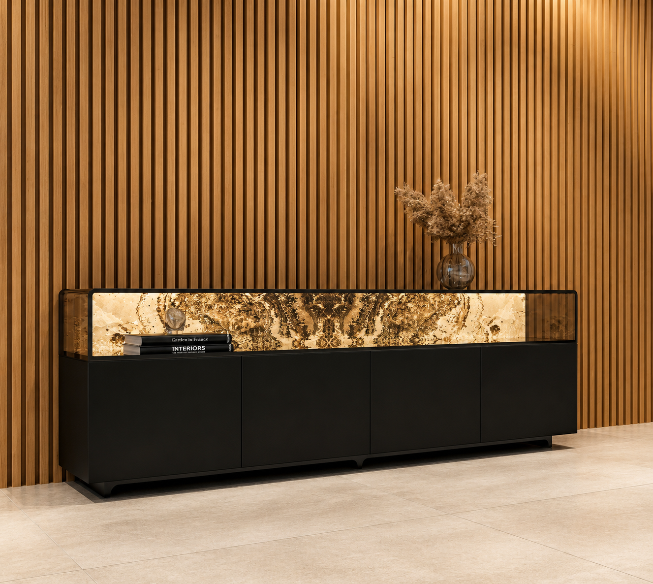 Modern hospitality counter featuring Skinrock West natural stone cladding, creating an elegant and durable surface for commercial interiors.