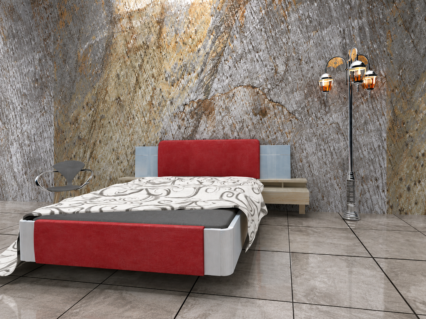 Contemporary bedroom featuring a Skinrock West natural stone accent wall that creates a warm, elegant, and sophisticated interior.