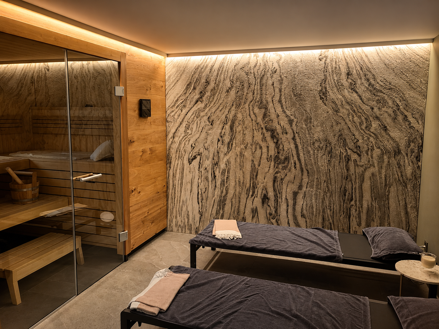 Luxury spa featuring Skinrock West natural stone wall cladding, creating a calming and elegant wellness environment.