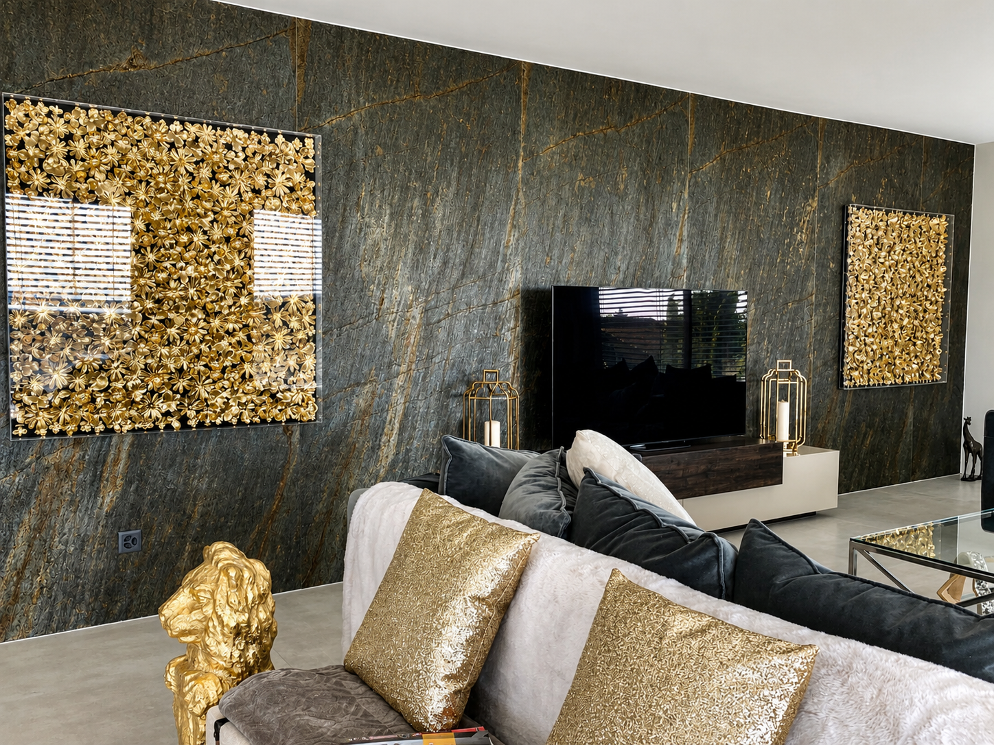 Modern living room featuring a Skinrock West natural stone accent wall that adds warmth, texture, and a contemporary architectural finish.