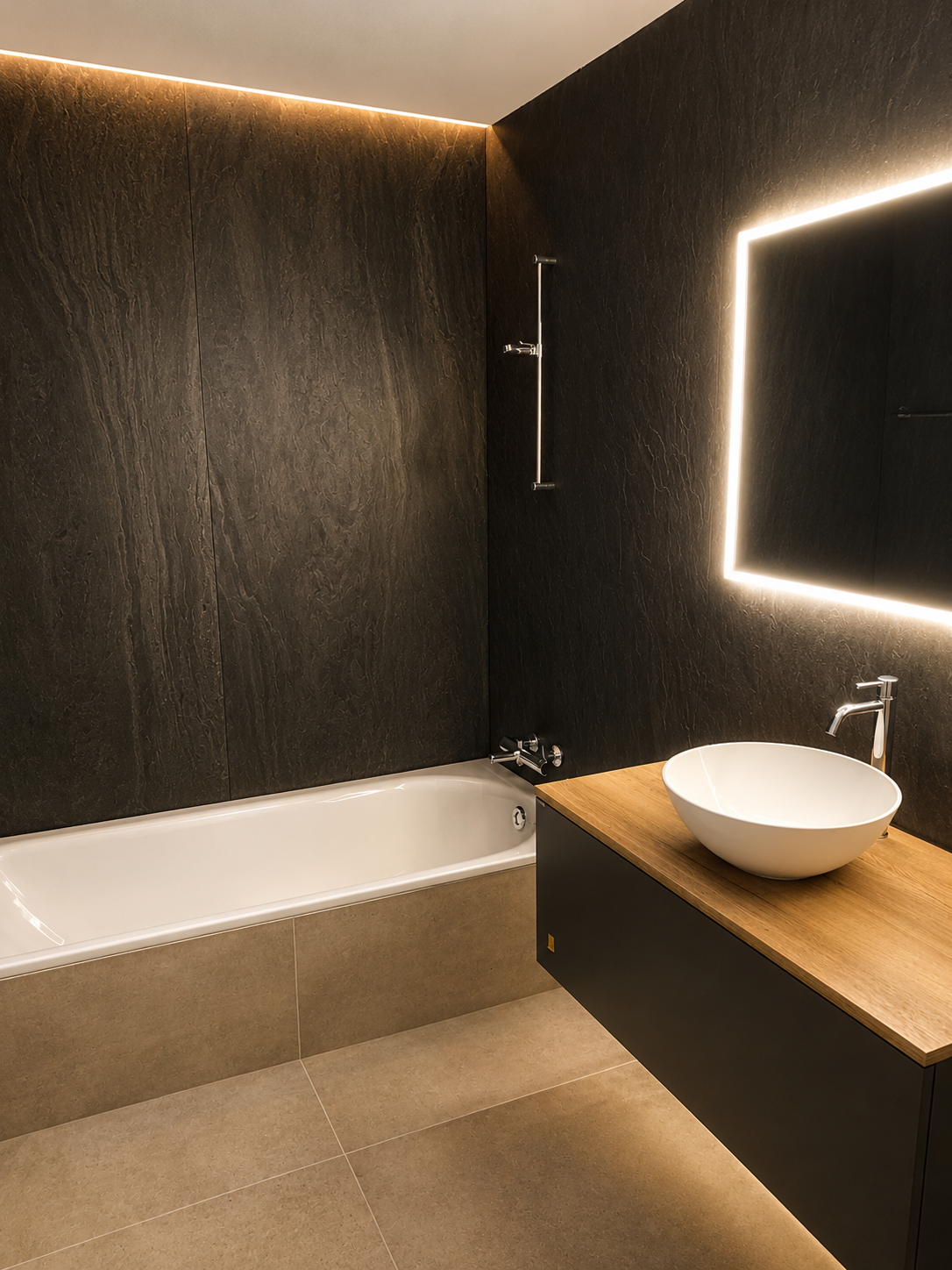 Luxury bathroom with Skinrock West ultra-thin natural stone panels on the walls, creating a modern and elegant design.