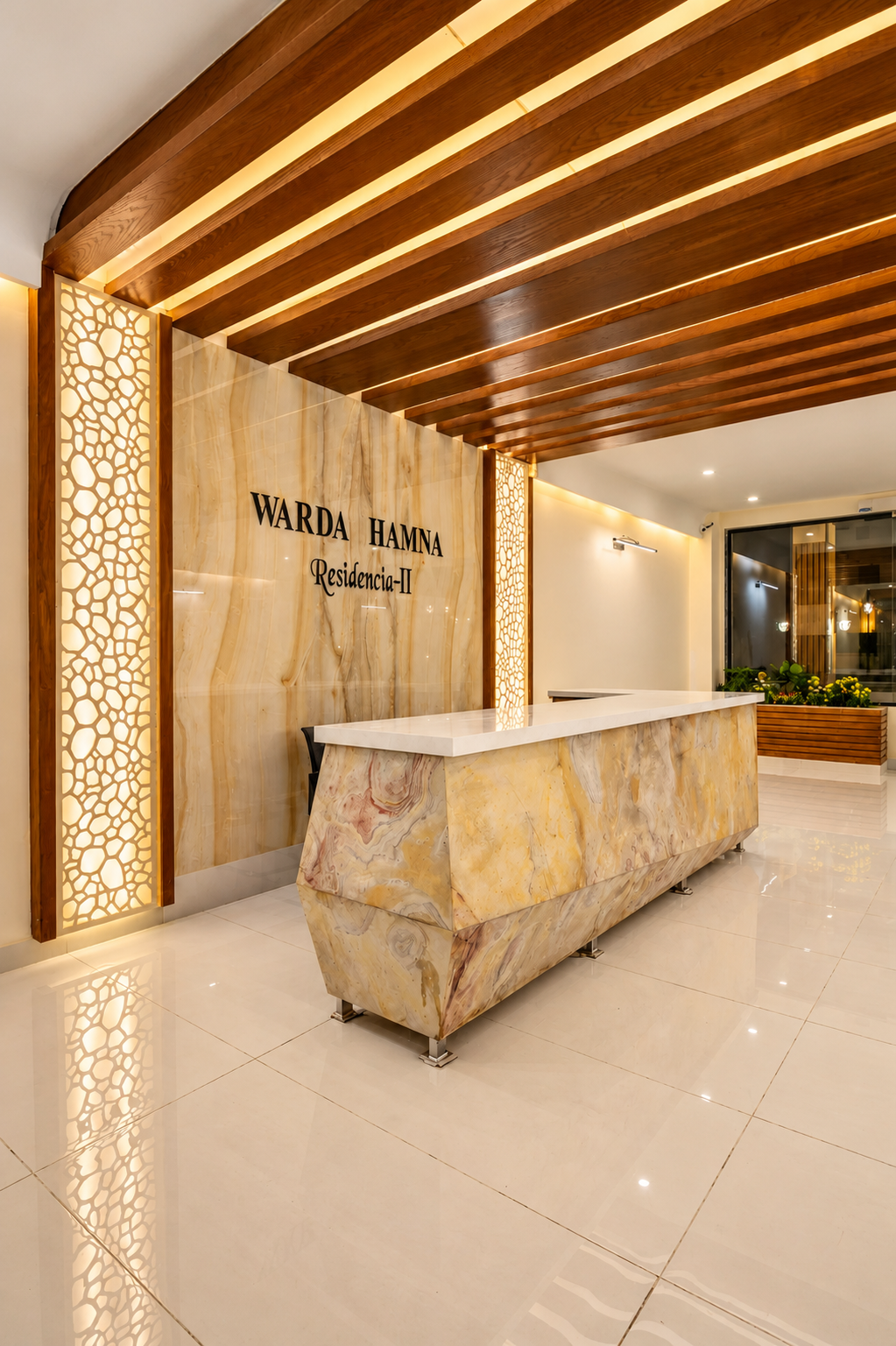 stone-reception-desk-and-warm-wood-ceiling